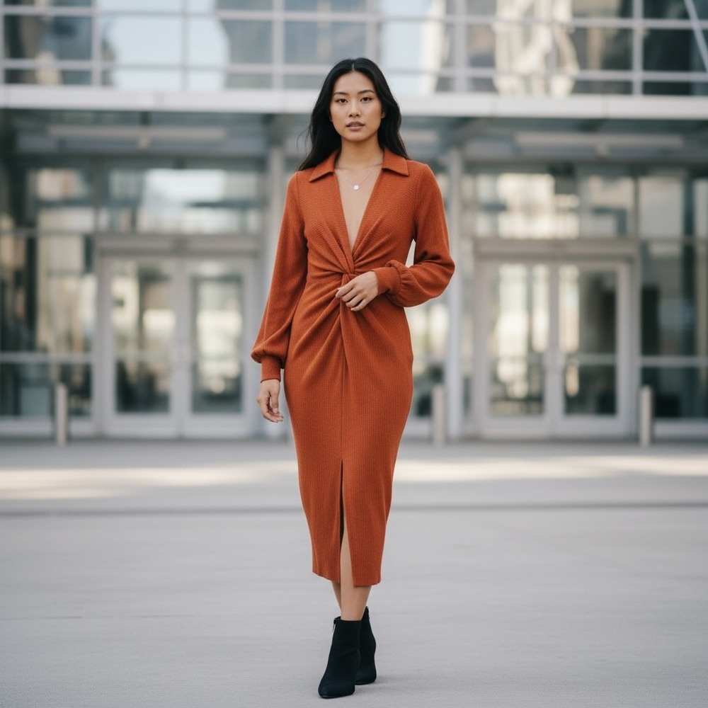 ASOS Midi Dress Womens 2 Rust Orange Twist Front Long Sleeve V-Neck Crepe Exc